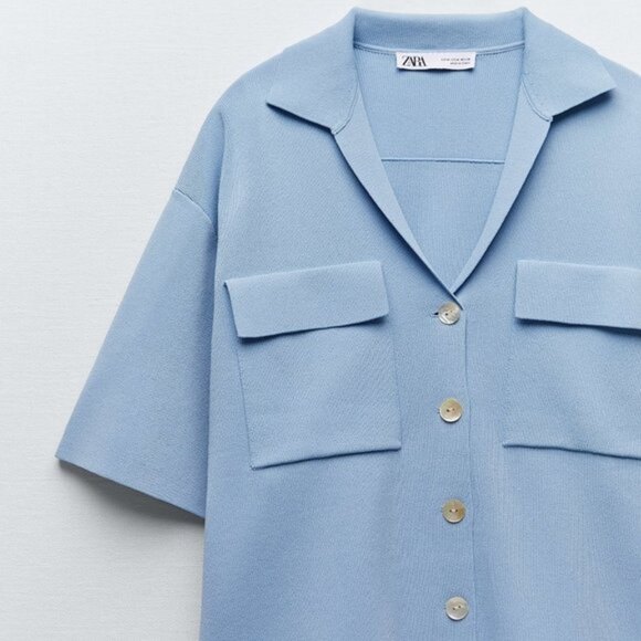 Blue Zara Button Front Chest Pockets Short Sleeve Knit Shirt (NWT) - Picture 2 of 7